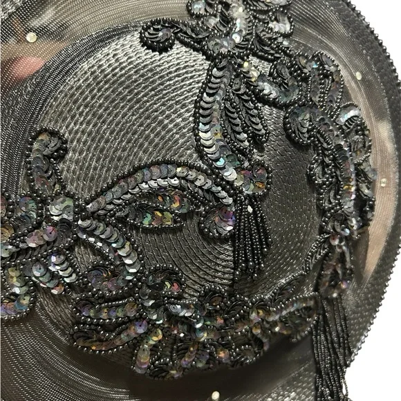 Vintage Beaded Sequin Derby Hat Black Statement Formal Cocktail Church Tassel - Picture 4 of 5